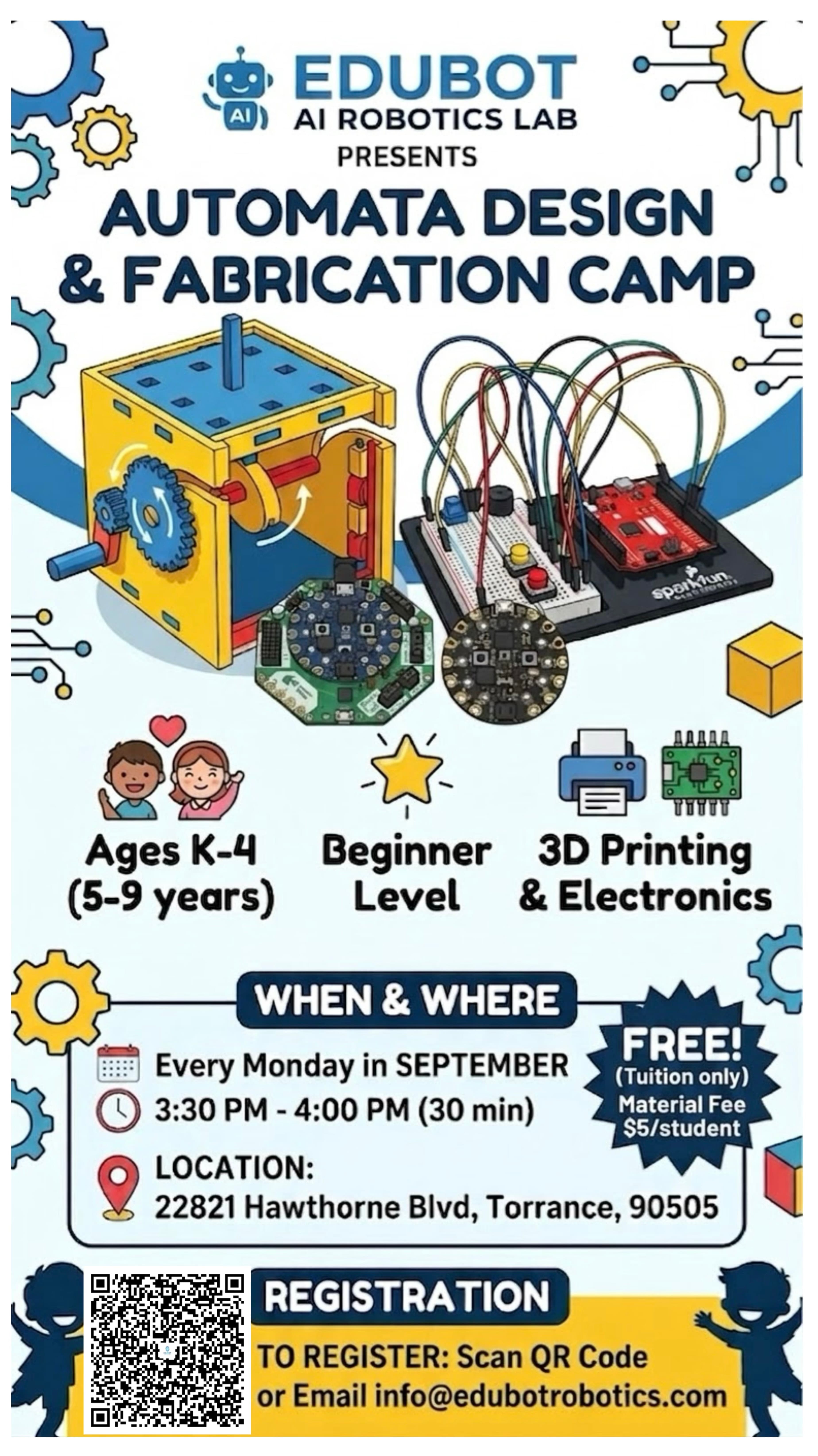 Automata Design & Fabrication Camp — free 30-minute sessions every Monday in September, ages 5-9, at 22821 Hawthorne Blvd, Torrance